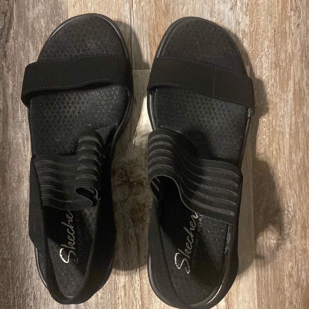 Skechers womens 8.5 Rumblers Sci-Fi Black Memory Foam Wedge Heel Sandals 38472